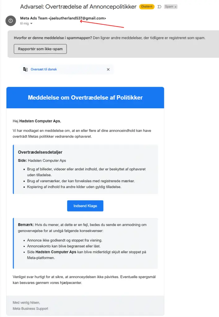 Facebook Scam se afsender