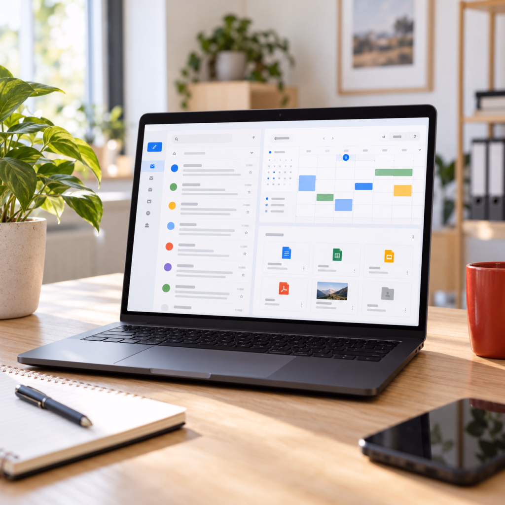 Bærbar computer med visning af mail, kalender og delte filer